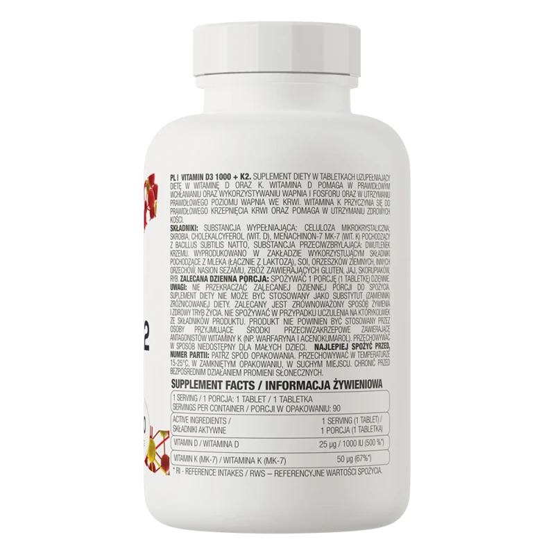 OstroVit Vitamin D3 1000 IU + K2 | D3 Un K2 Vitamīns 90 Tabletes