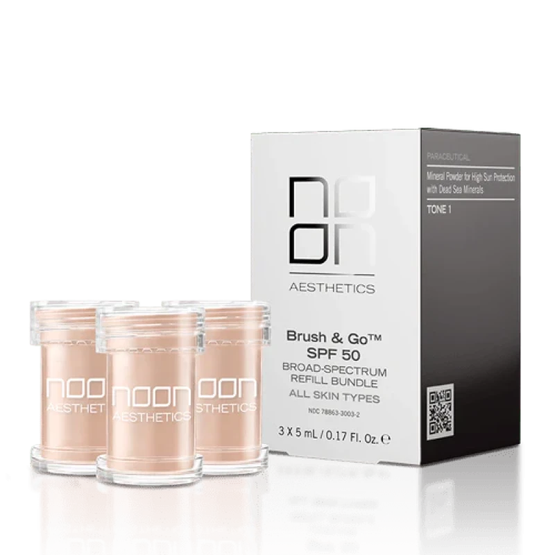 NOON Brush & Go Refill Pack SPF50 | Minerālu SPF pūdera uzpilde visiem ādas tipiem, gaišais tonis 01, 3 × 5 ml