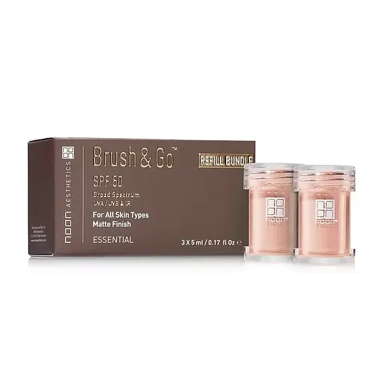 NOON Brush & Go Refill Pack SPF50 | Minerālu SPF pūdera uzpilde visiem ādas tipiem, vidējais tonis 02, 3 × 5 ml